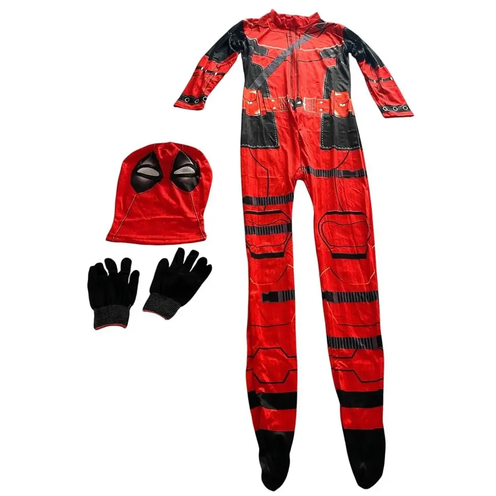 BRAND NEW ~ Deadpool Outfit Bodysuit Face Mask Hood & Gloves ~ Kids 10-11 yrs